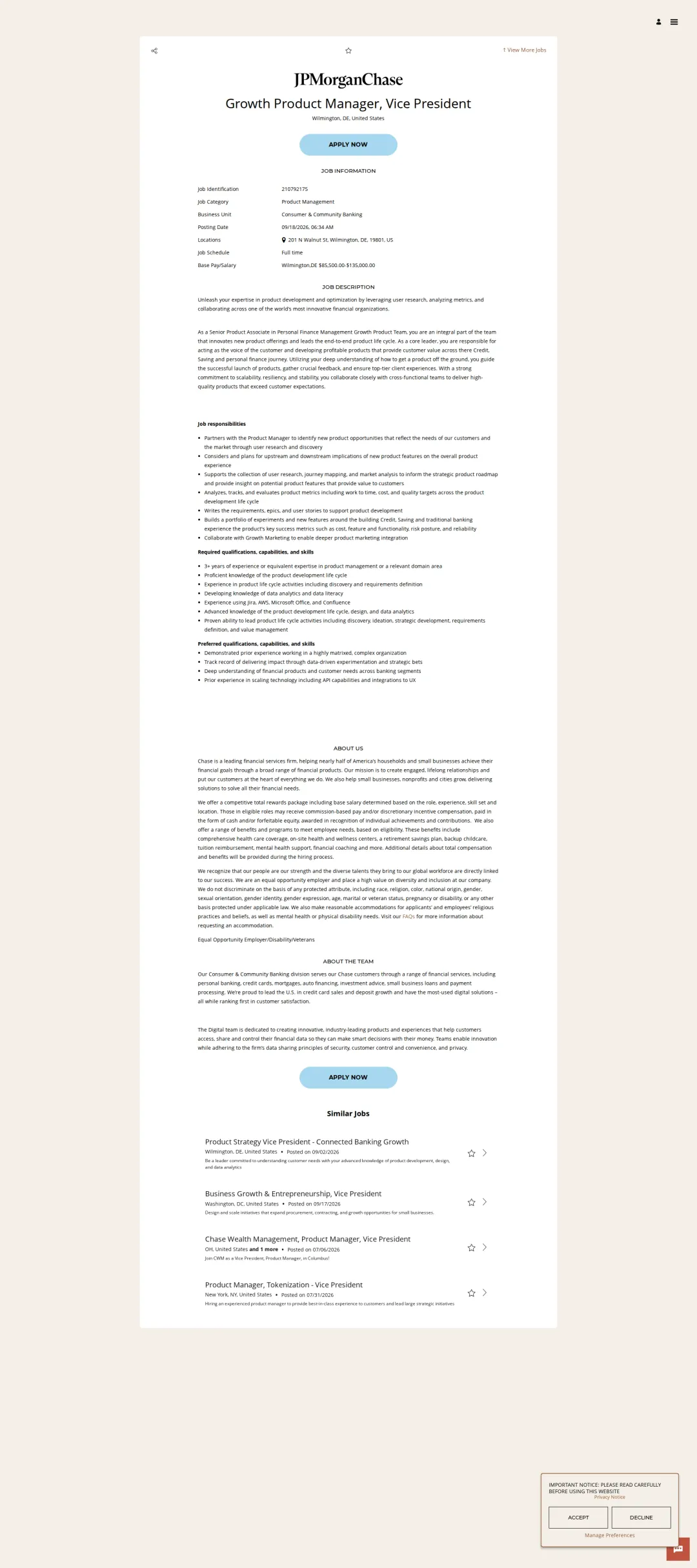 JPMorganChase Growth Product Manager, Vice President 채용공고