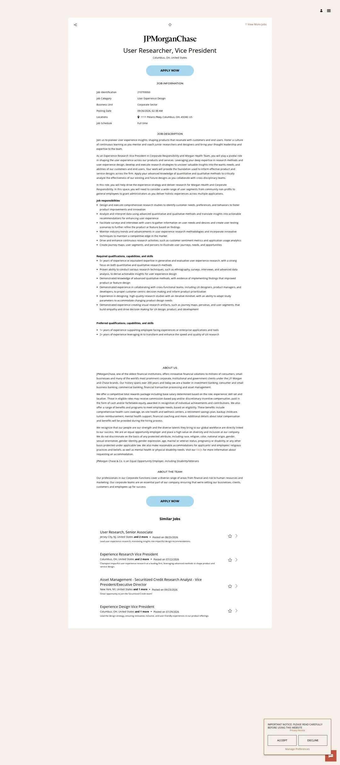 JPMorganChase User Researcher, Vice President 채용공고
