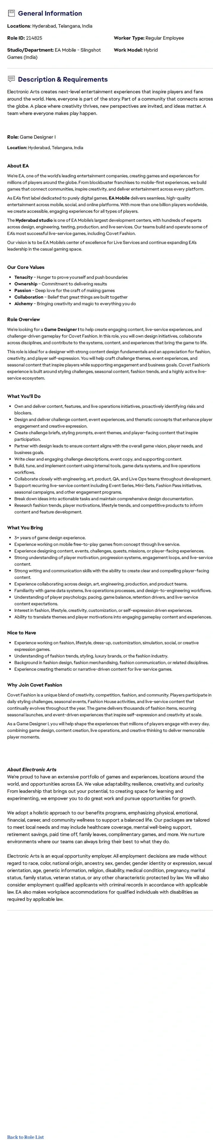ElectronicArts Game Designer I 채용공고