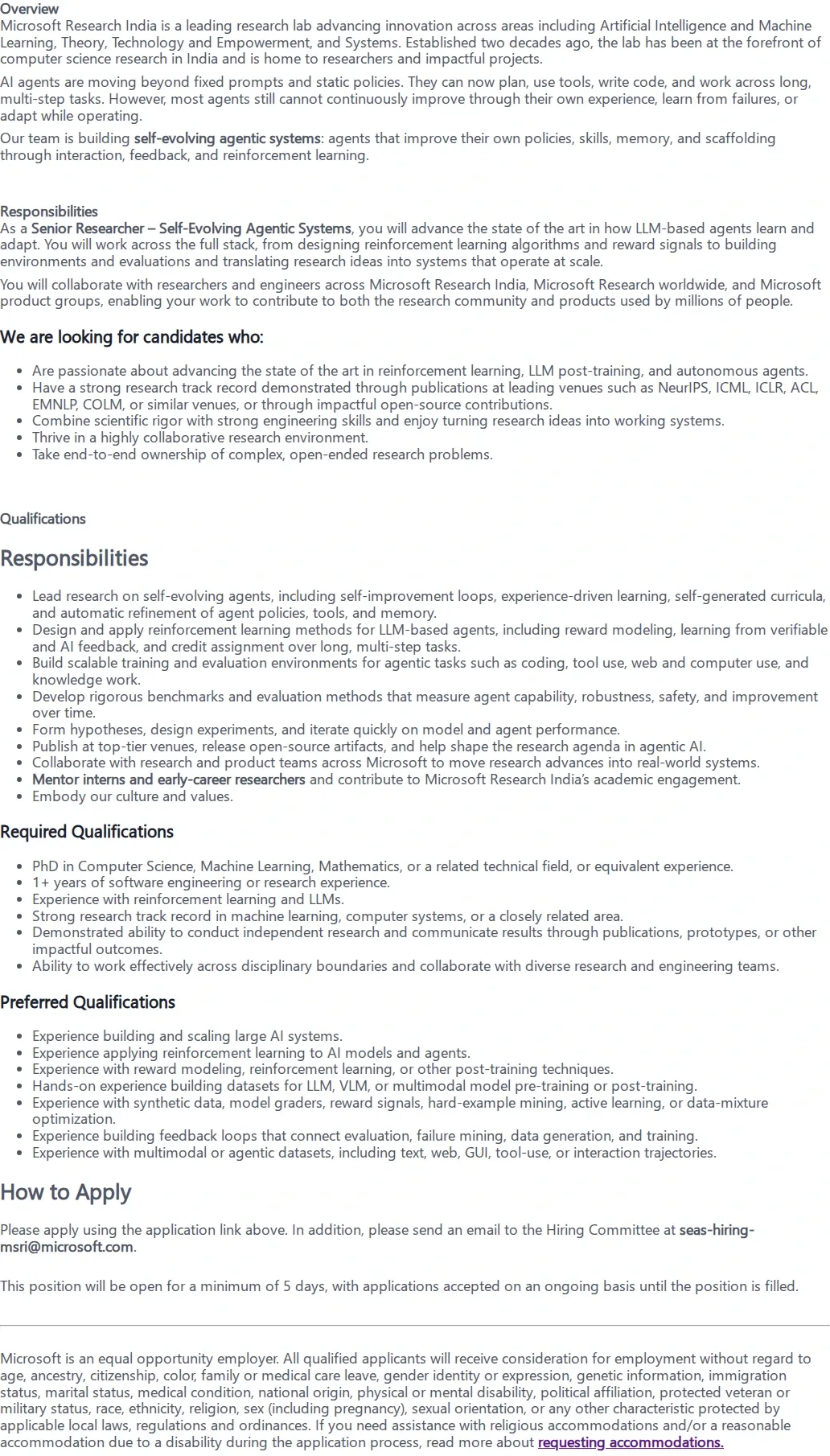 마이크로소프트(Microsoft) Senior Researcher - Self-Evolving Agentic Systems 채용공고