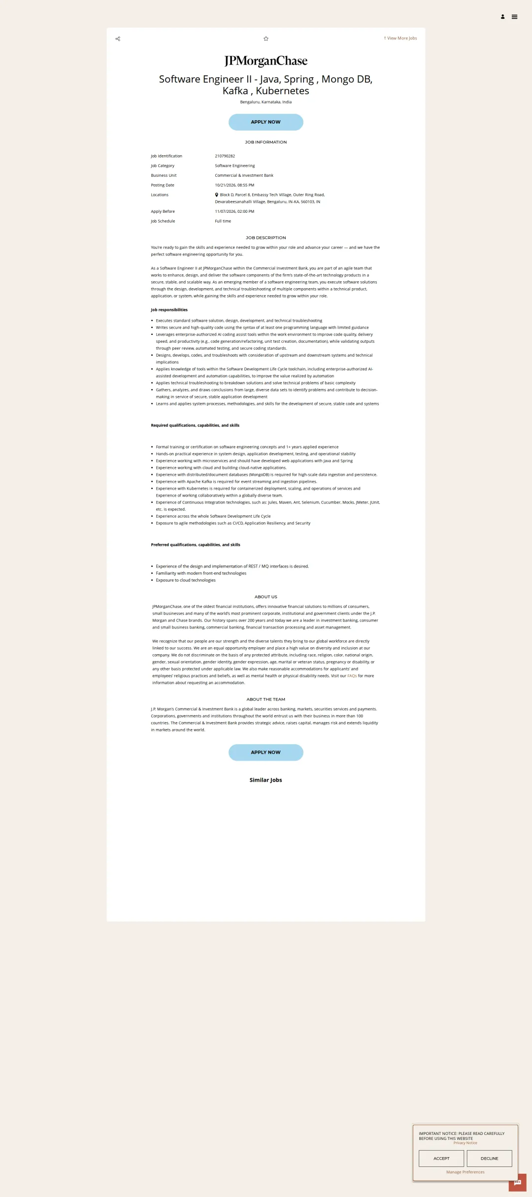JPMorganChase Software Engineer II - Java, Spring , Mongo DB, Kafka , Kubernetes 채용공고