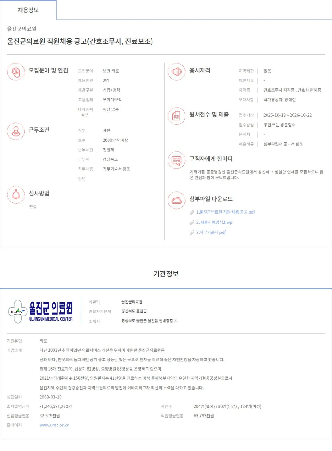 울진군의료원 울진군의료원 직원채용 공고(간호조무사, 진료보조) 채용공고
