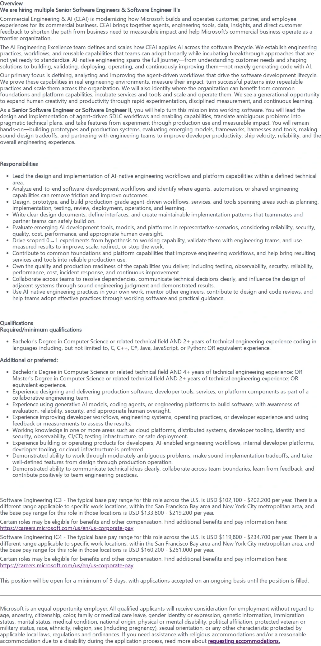 마이크로소프트(Microsoft) Senior Software Engineer/Software Engineer II 채용공고
