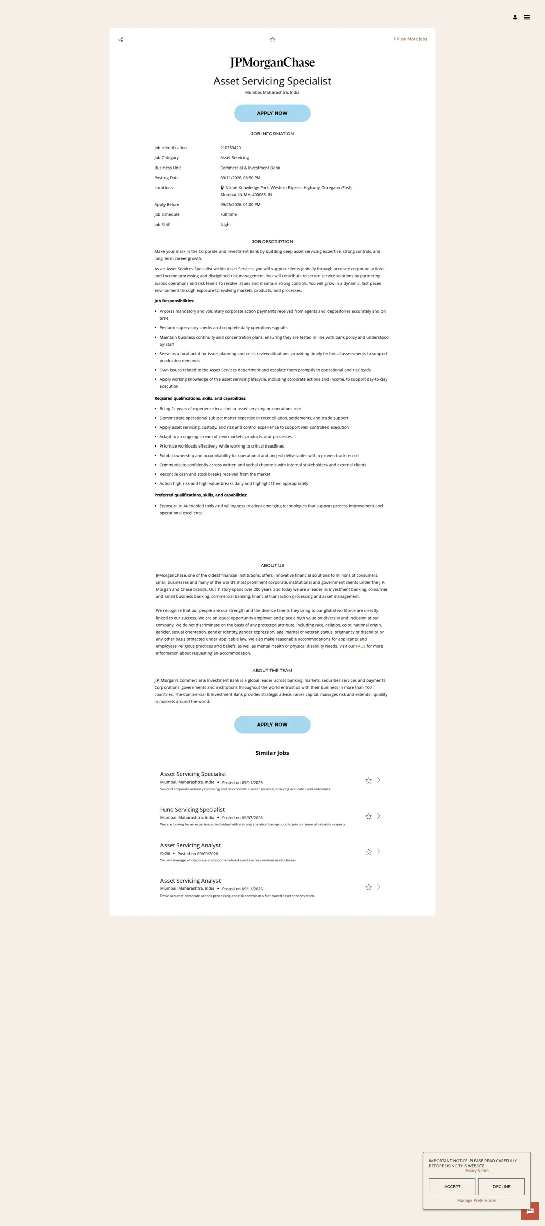 JPMorganChase Asset Servicing Specialist 채용공고