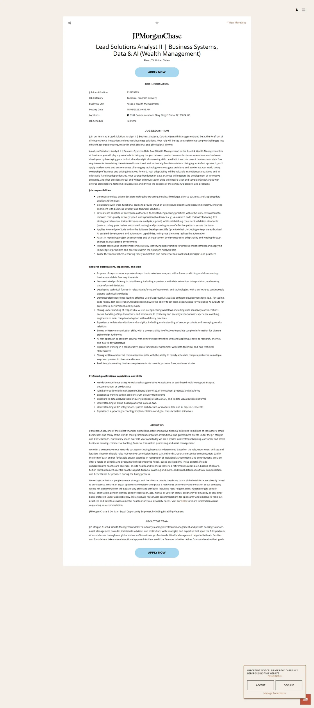 JPMorganChase Lead Solutions Analyst II | Business Systems, Data & AI (Wealth Management) 채용공고