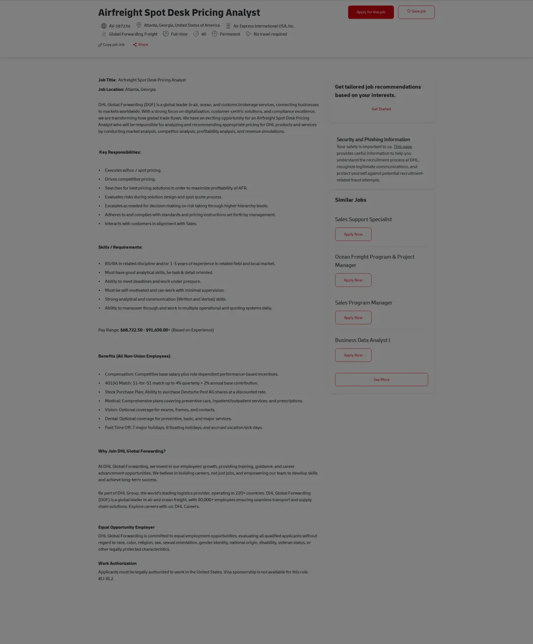 DHL Airfreight Spot Desk Pricing Analyst 채용공고