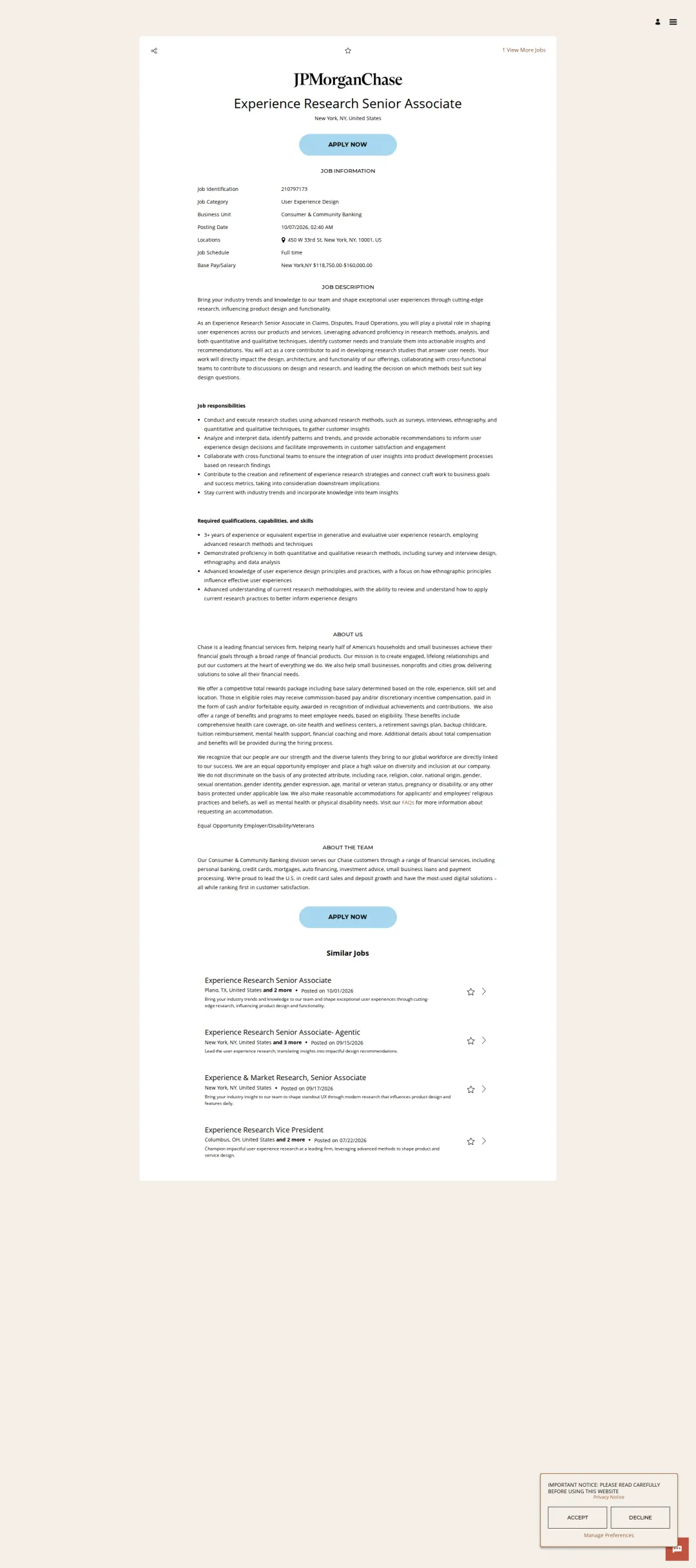 JPMorganChase Experience Research Senior Associate 채용공고