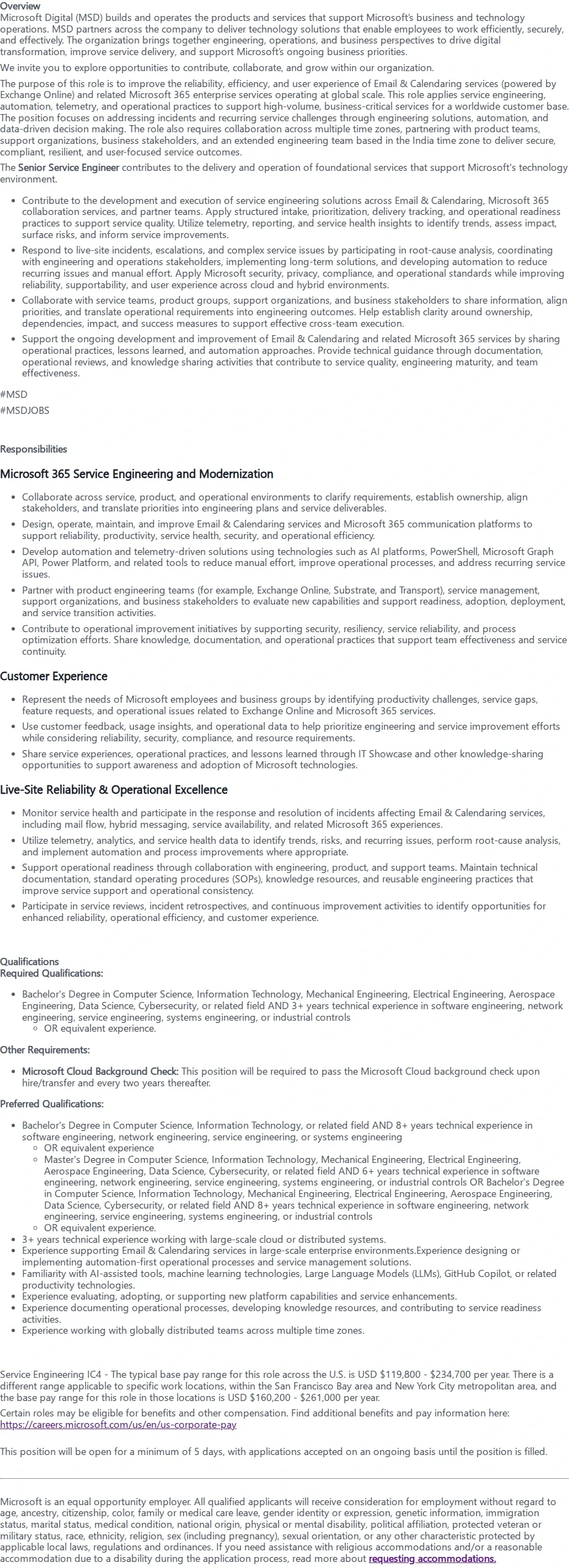 마이크로소프트(Microsoft) Senior Service Engineer 채용공고