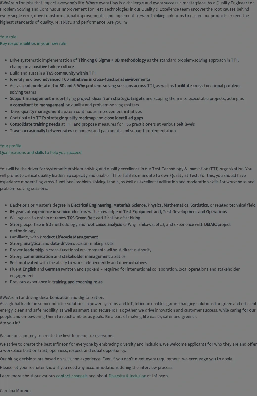 인피니언테크놀로지스코리아 Quality Engineer for Problem Solving and Continuous Improvement for Test Technologies (f/m/div) 채용공고