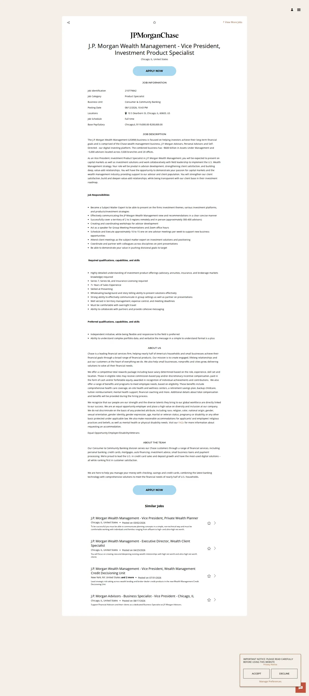 JPMorganChase J.P. Morgan Wealth Management - Vice President, Investment Product Specialist 채용공고