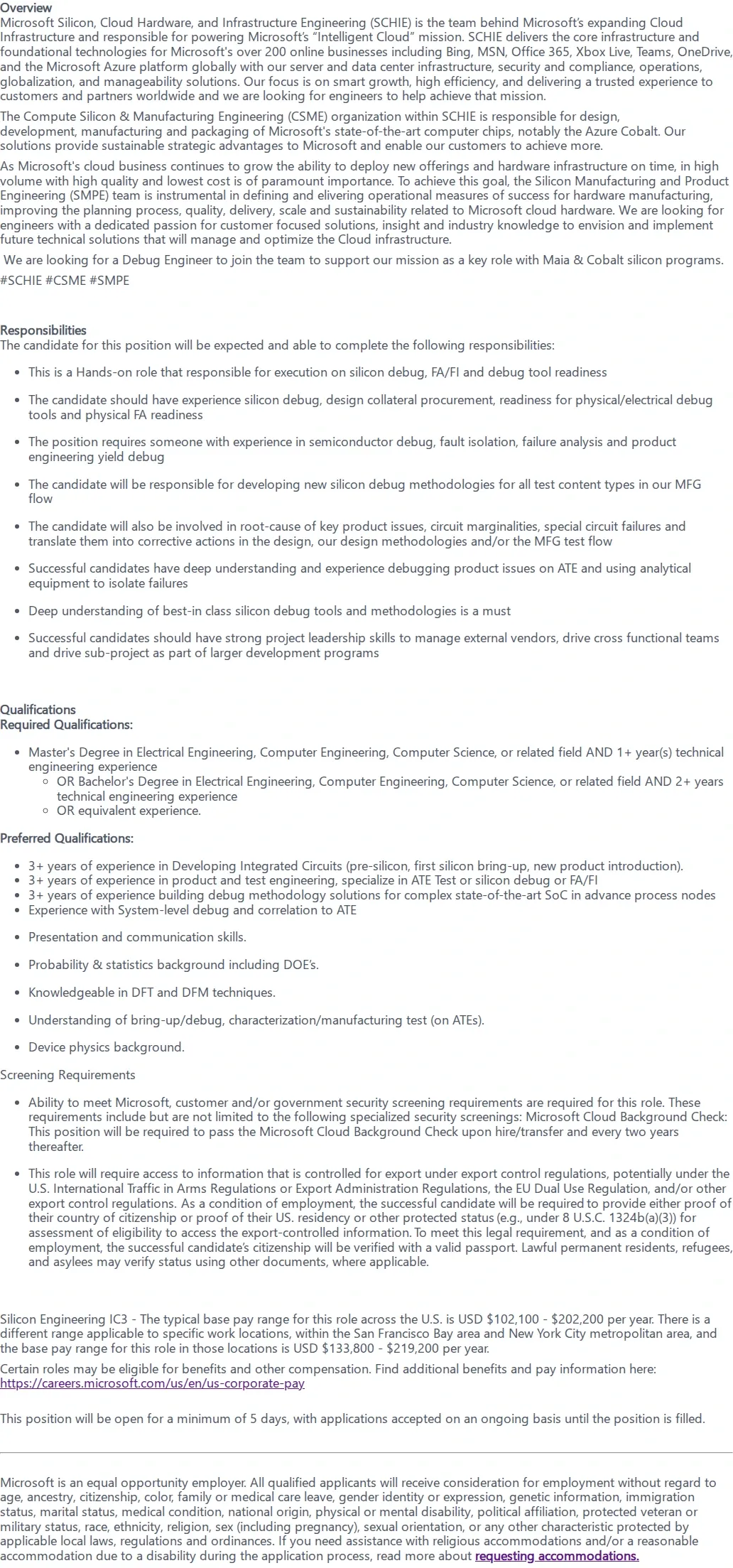 마이크로소프트(Microsoft) Silicon Debug Engineer 채용공고