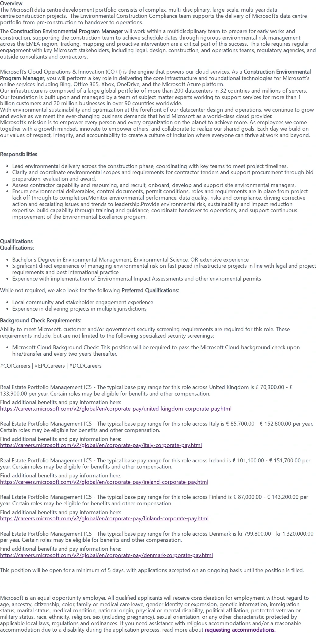 마이크로소프트(Microsoft) Construction Environmental Program Manager 채용공고
