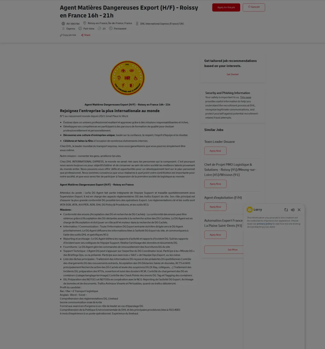 DHL Agent Matières Dangereuses Export (H/F)  - Roissy en France 16h - 21h 채용공고