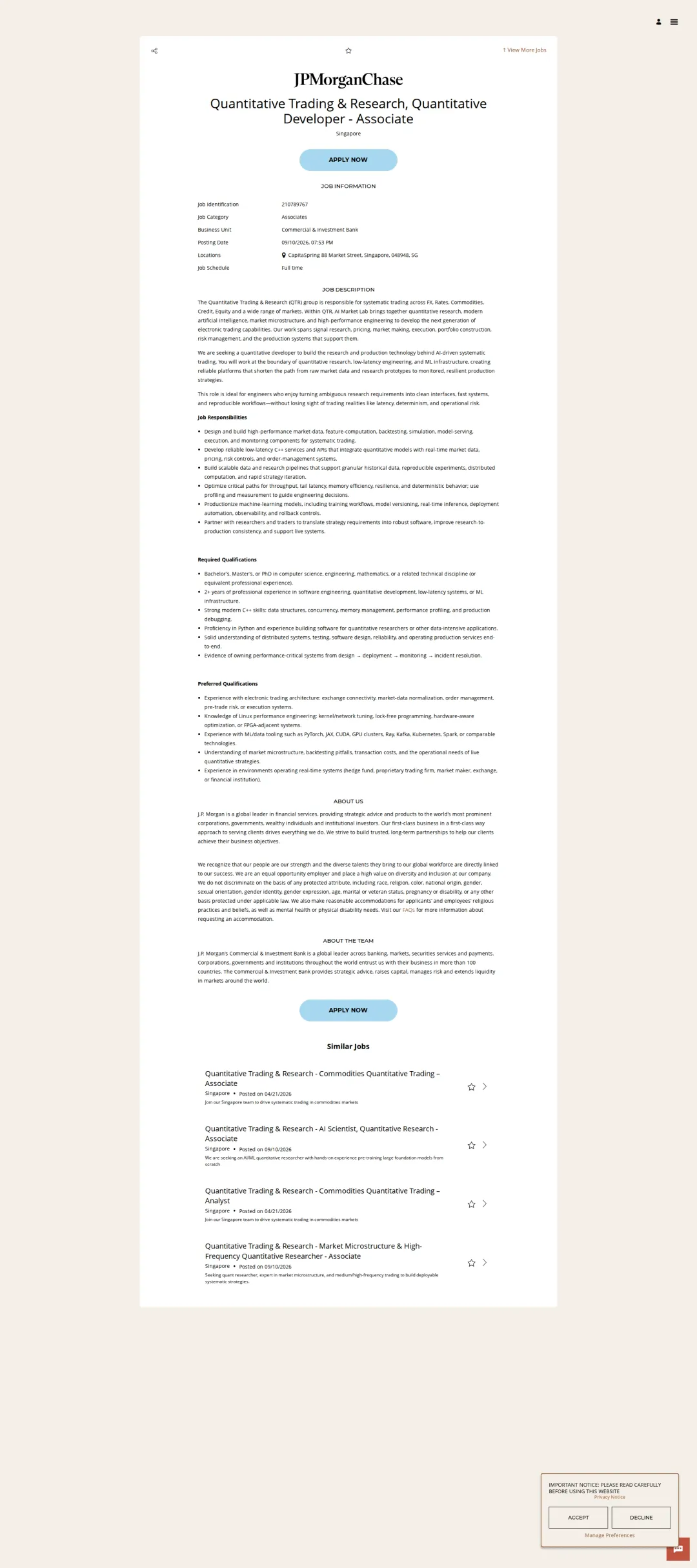 JPMorganChase Quantitative Trading & Research, Quantitative Developer - Associate 채용공고