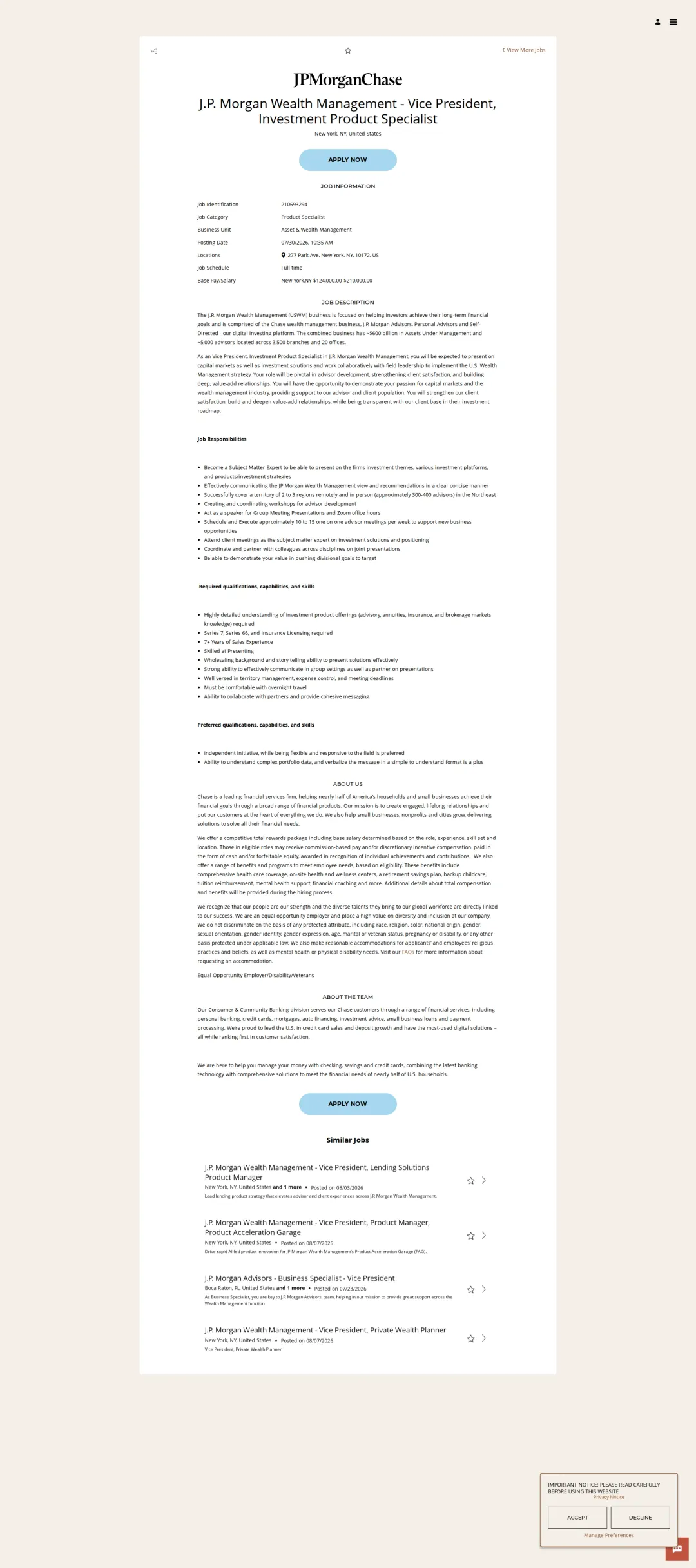 JPMorganChase J.P. Morgan Wealth Management - Vice President, Investment Product Specialist 채용공고