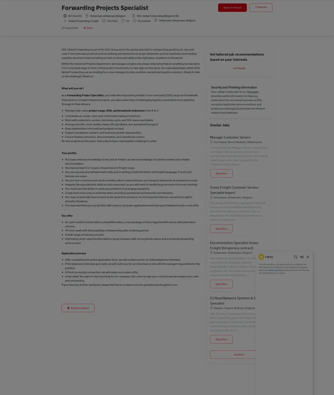 DHL Forwarding Projects Specialist 채용공고