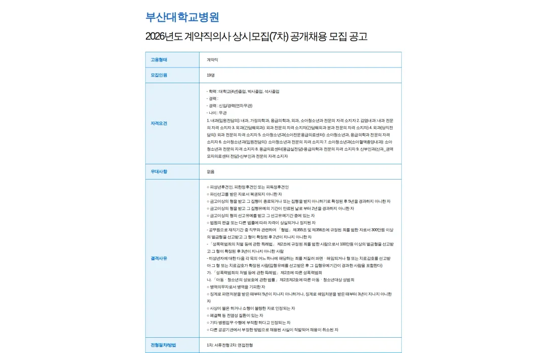 부산대학교병원 2026년도 계약직의사 상시모집(7차) 공개채용 모집 공고 채용공고