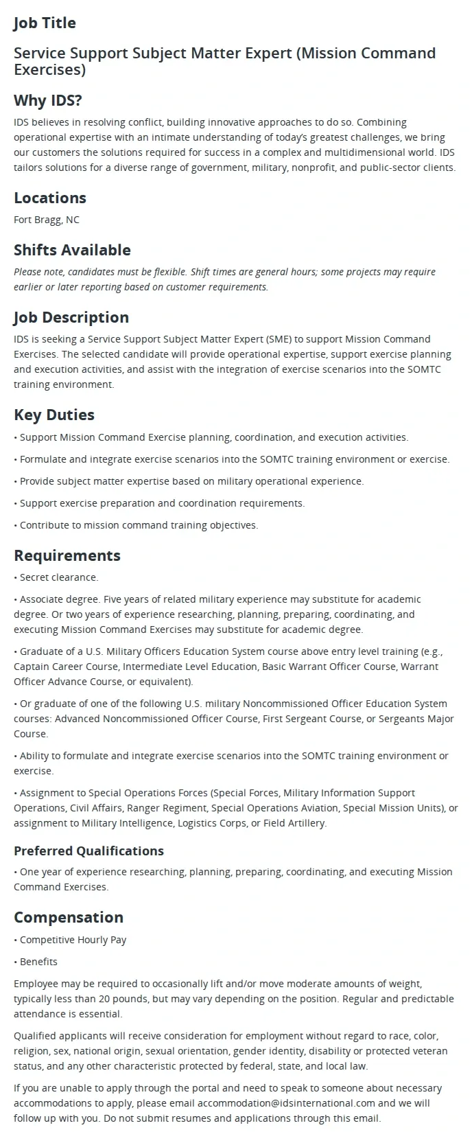 IDS International Service Support Subject Matter Expert (Mission Command Exercises) 채용공고