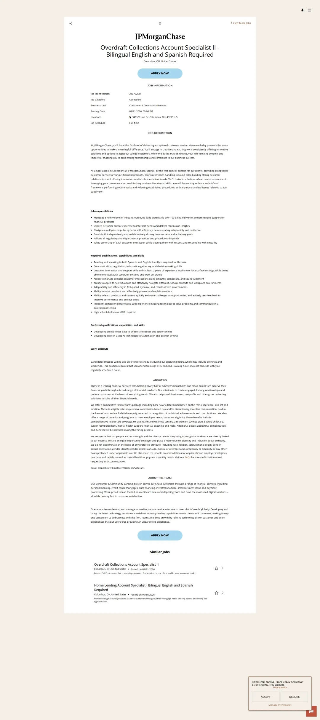 JPMorganChase Overdraft Collections Account Specialist II - Bilingual English and Spanish Required 채용공고