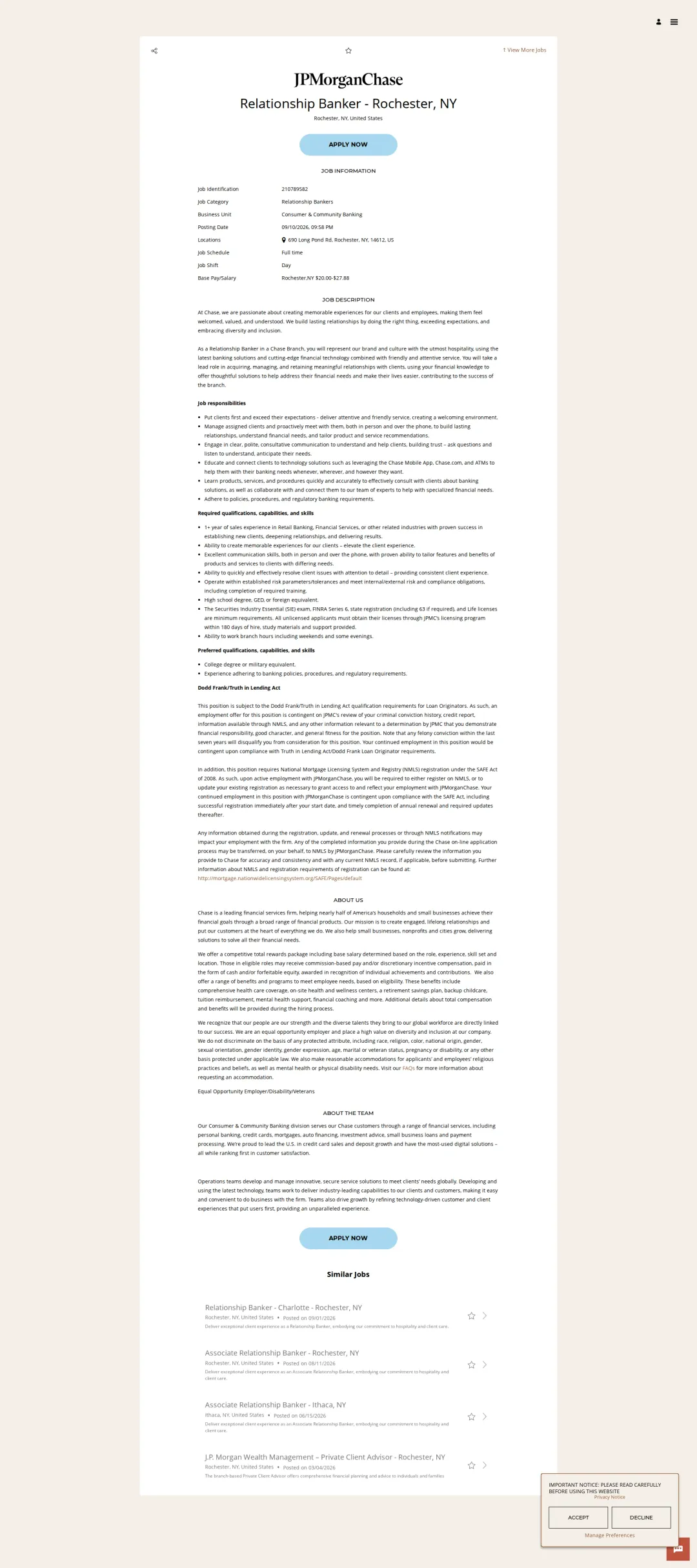 JPMorganChase Relationship Banker - Rochester, NY 채용공고