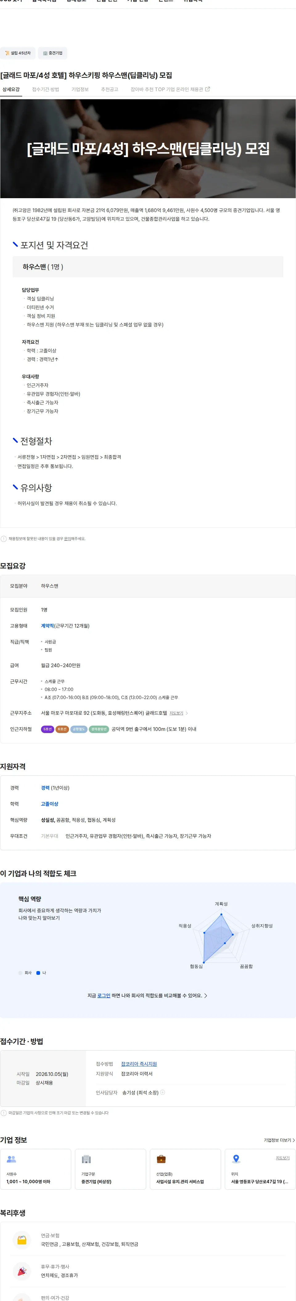 고암 [글래드 마포/4성 호텔] 하우스키핑 하우스맨(딥클리닝) 모집 채용공고