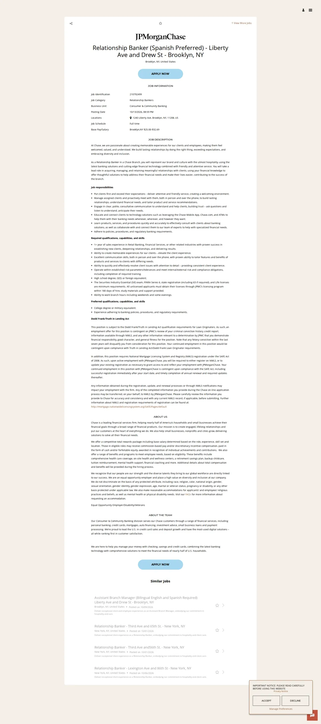 JPMorganChase Relationship Banker (Spanish Preferred) - Liberty Ave and Drew St - Brooklyn, NY 채용공고