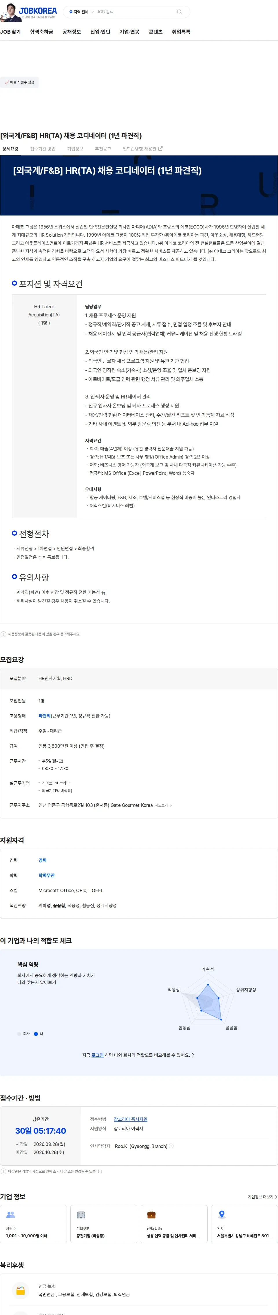 게이트고메코리아 [외국계/F&B] HR(TA) 채용 코디네이터 (1년 파견직) 채용공고