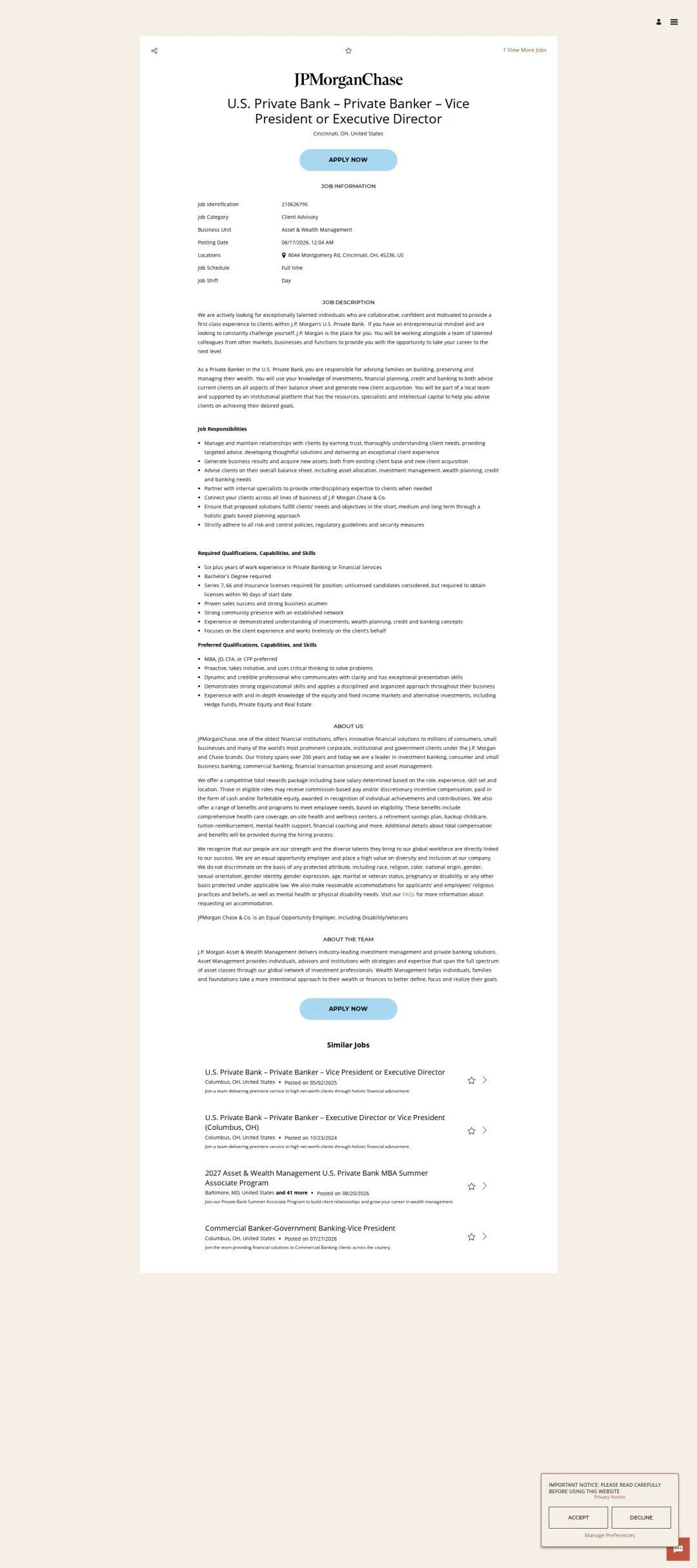 JPMorganChase U.S. Private Bank – Private Banker – Vice President or Executive Director 채용공고