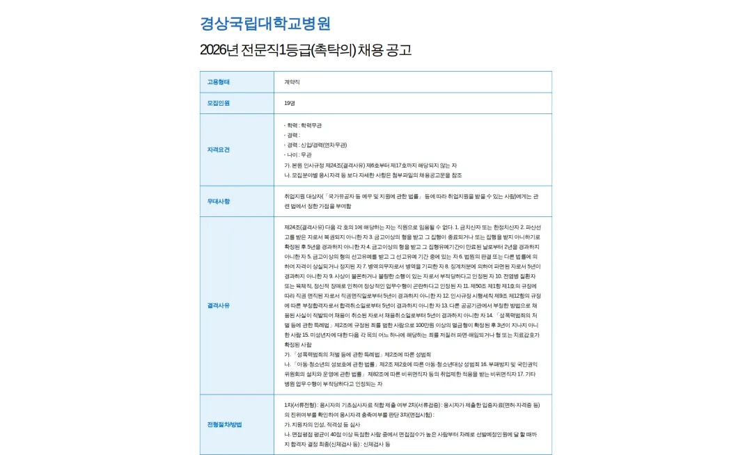 경상국립대학교병원 2026년 전문직1등급(촉탁의) 채용 공고 채용공고