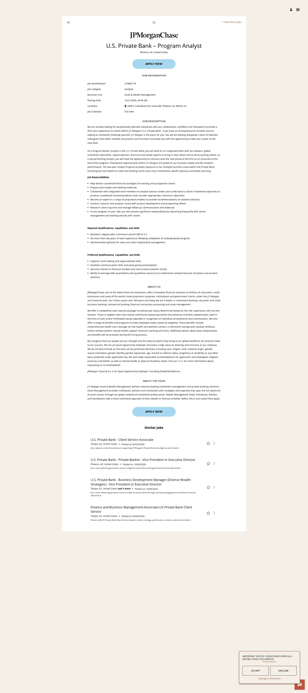 JPMorganChase U.S. Private Bank – Program Analyst 채용공고