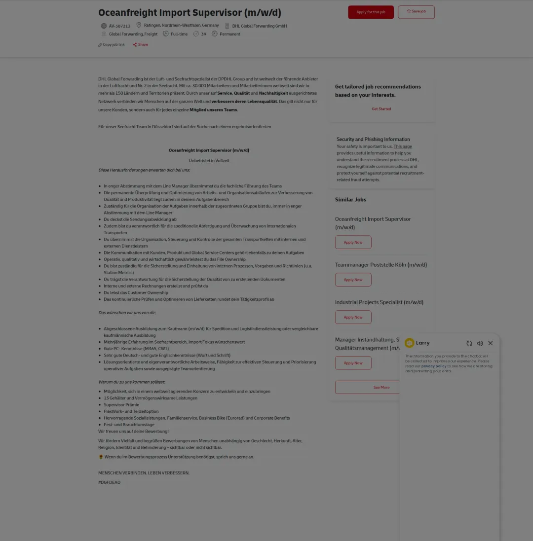 DHL Oceanfreight Import Supervisor (m/w/d) 채용공고