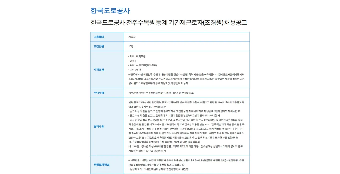 한국도로공사 한국도로공사 전주수목원 동계 기간제근로자(조경원) 채용공고 채용공고