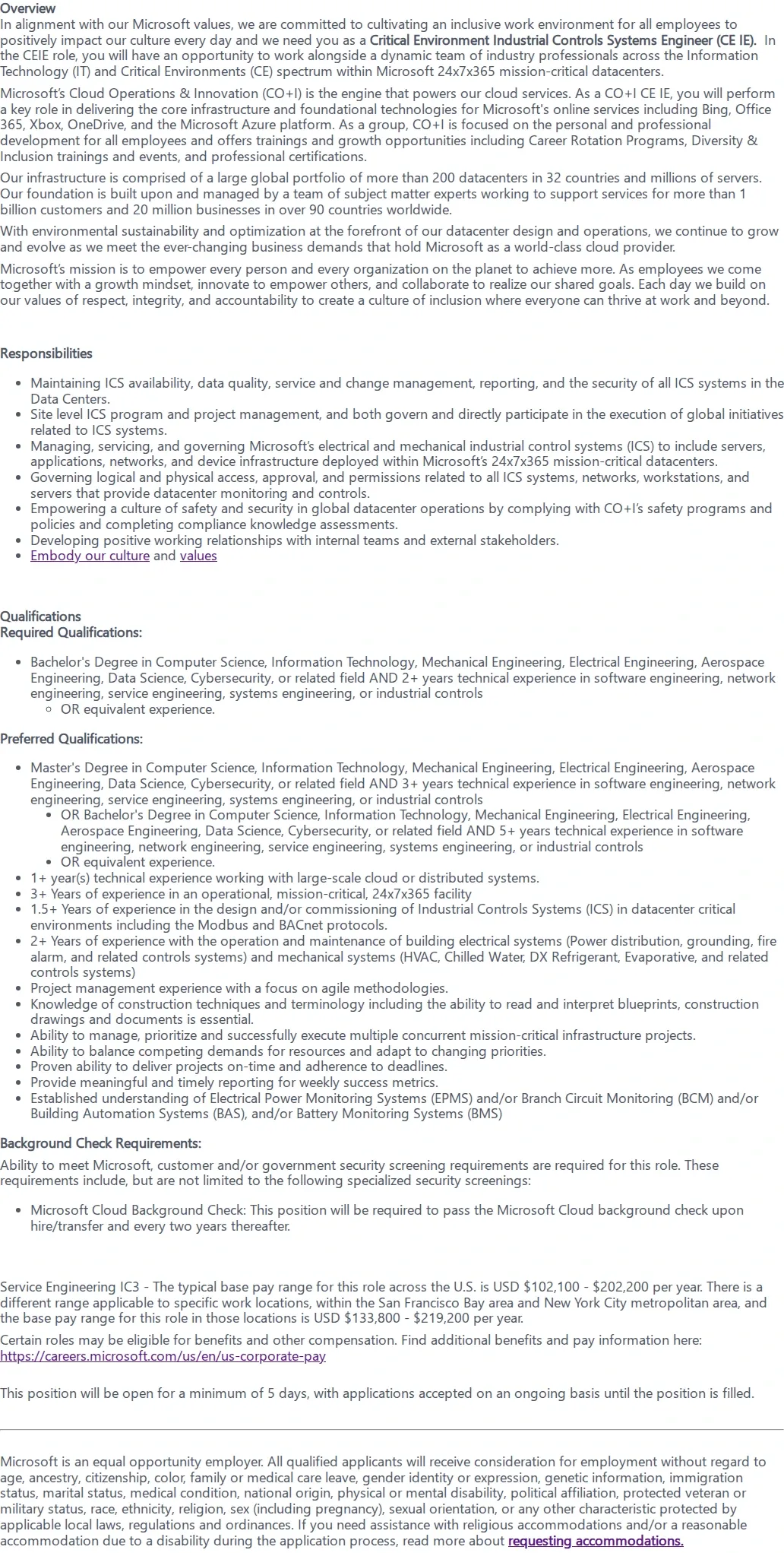 마이크로소프트(Microsoft) Critical Environment Industrial Control Systems Engineer 채용공고