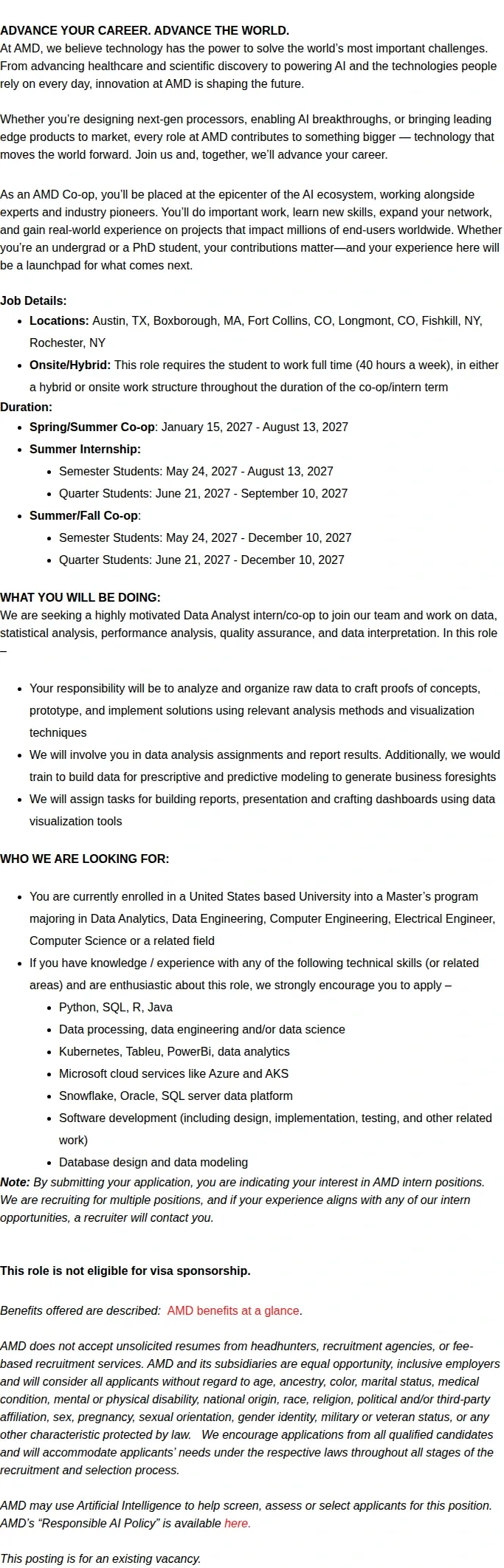 AMD 2027 Masters Data Analyst Intern/co-op 채용공고
