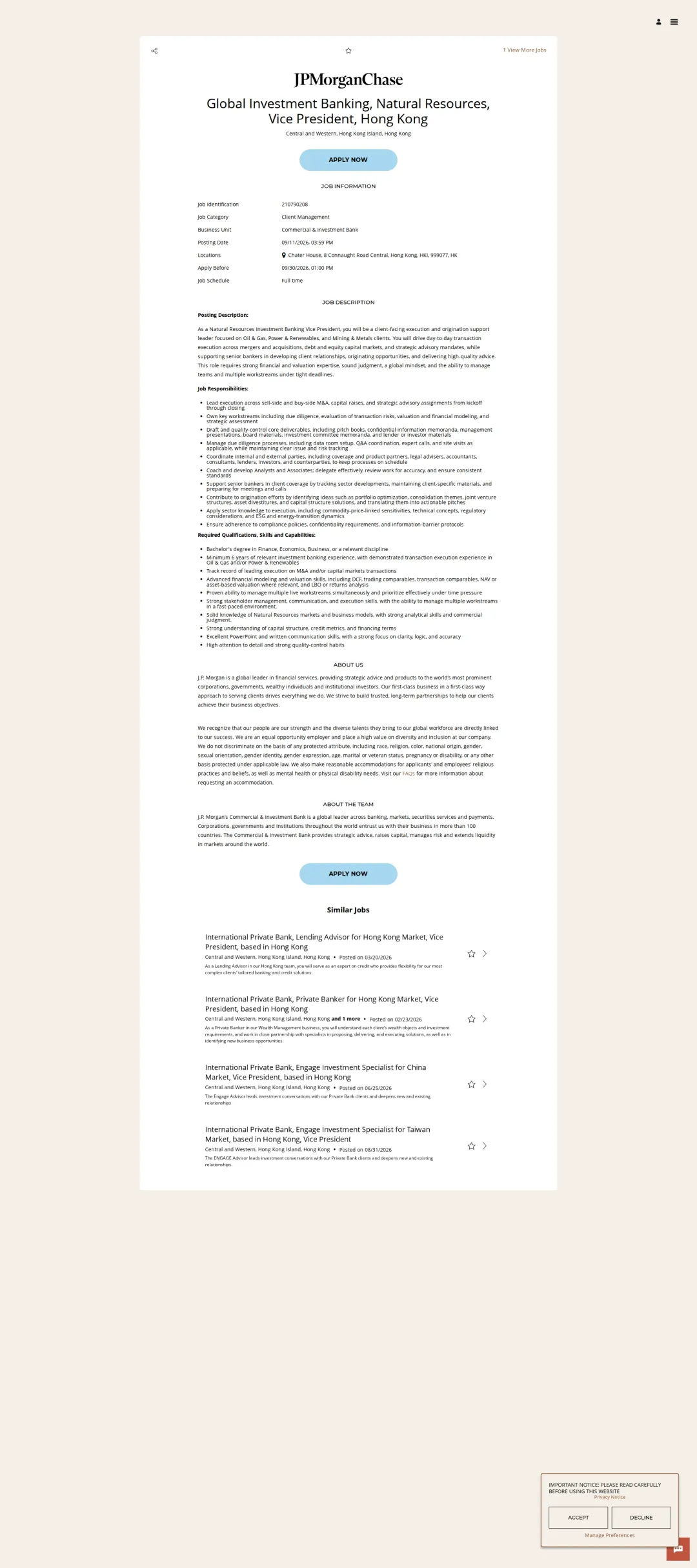 JPMorganChase Global Investment Banking, Natural Resources, Vice President, Hong Kong 채용공고