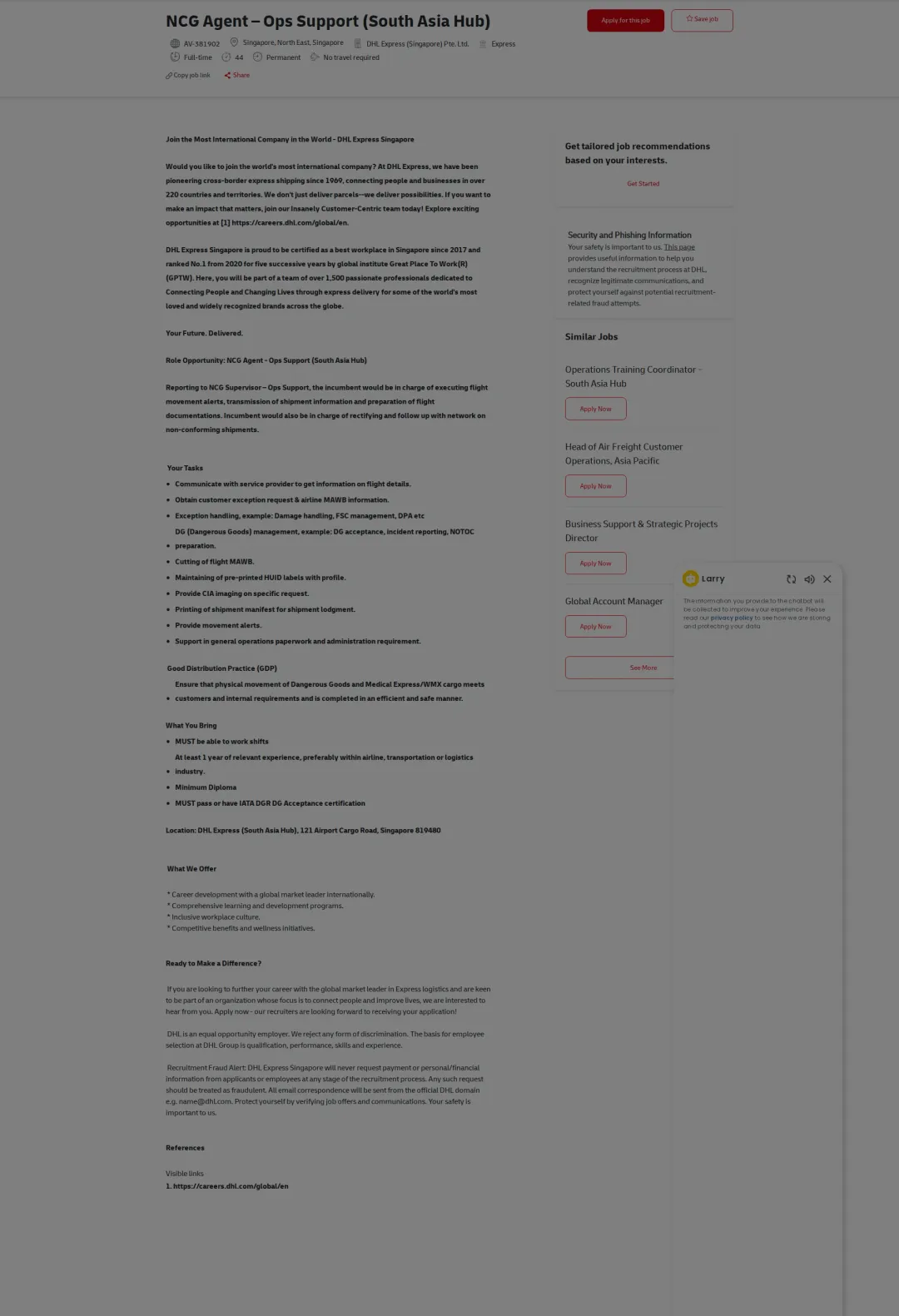 DHL NCG Agent – Ops Support  (South Asia Hub) 채용공고