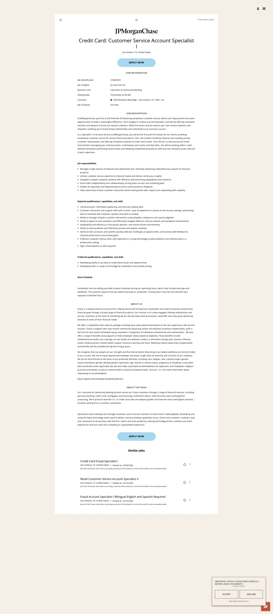 JPMorganChase Credit Card: Customer Service Account Specialist I 채용공고