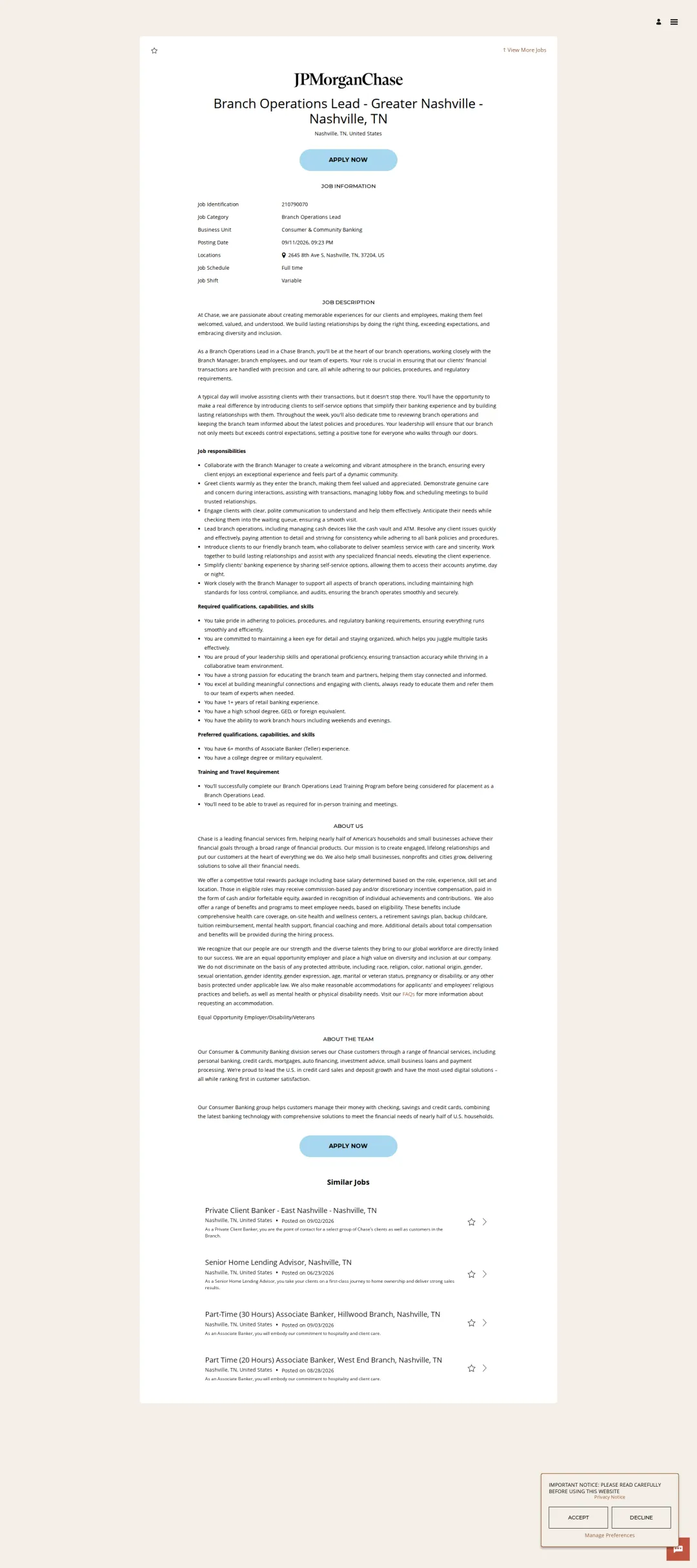 JPMorganChase Branch Operations Lead - Greater Nashville - Nashville, TN 채용공고