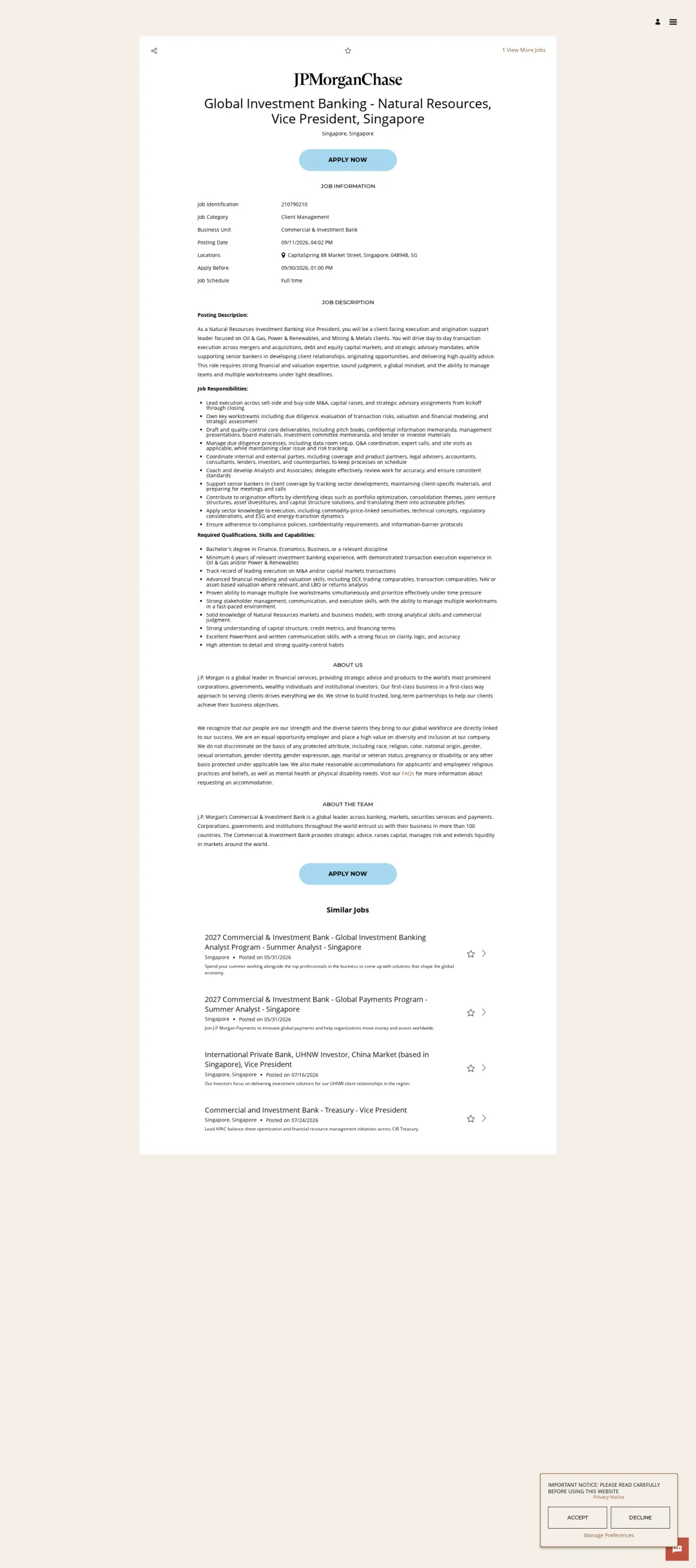 JPMorganChase Global Investment Banking - Natural Resources, Vice President, Singapore 채용공고