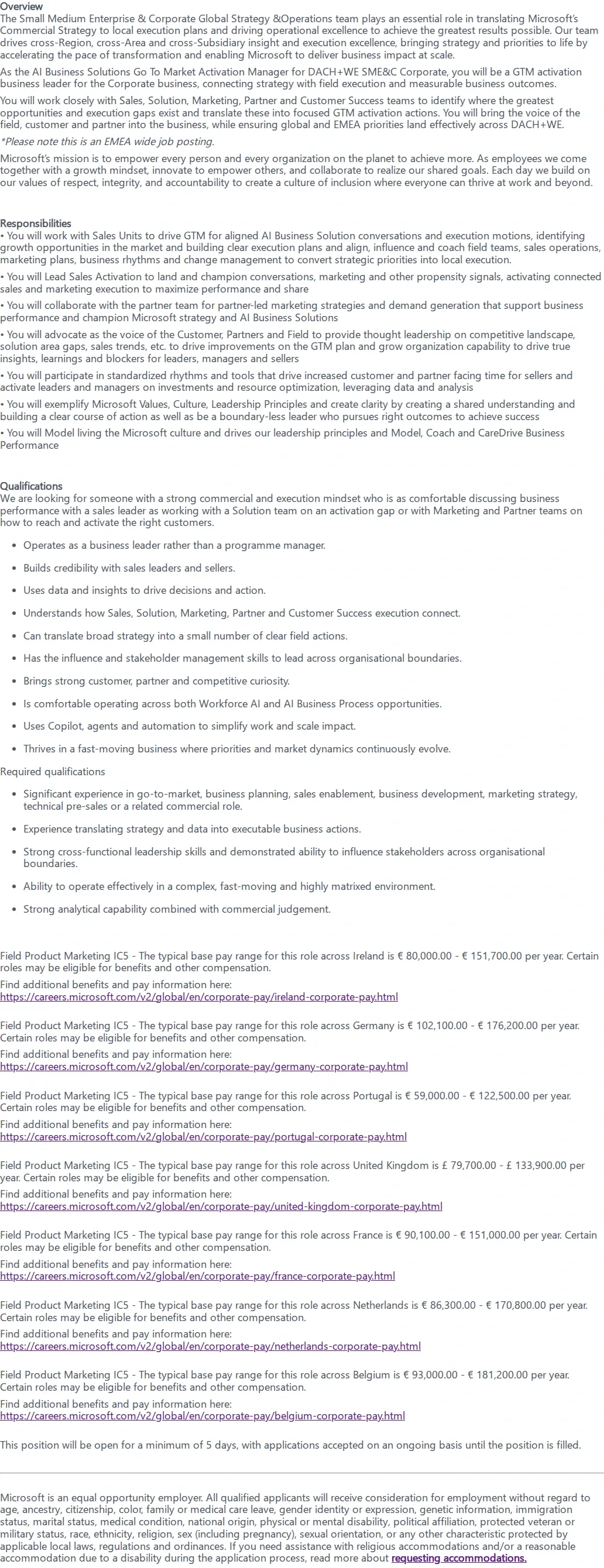 마이크로소프트(Microsoft) GTM Activation Manager - AI Business Solutions - DACH & Western Europe 채용공고