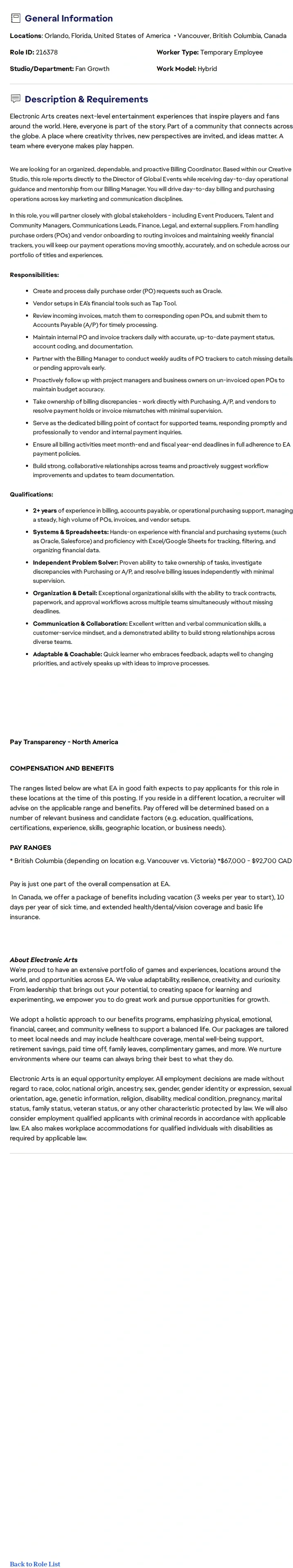 ElectronicArts Billing Coordinator, 6-Month Temp Role 채용공고