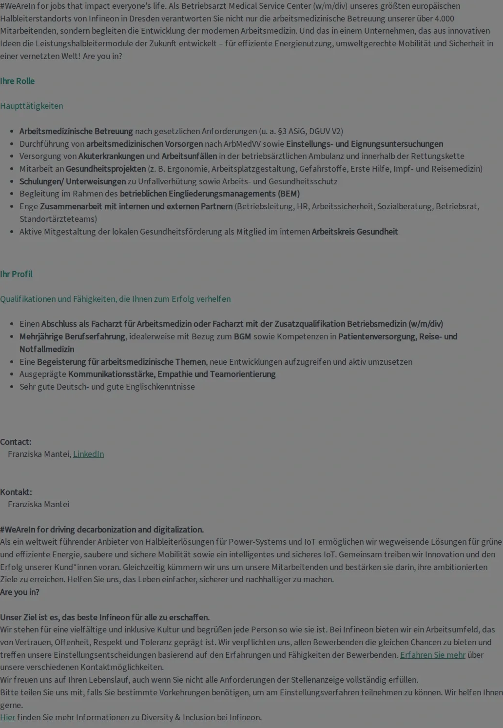 인피니언테크놀로지스코리아 Facharzt für Arbeitsmedizin (w/m/div) oder Facharzt mit Zusatzbezeichnung Betriebsmedizin (w/m/div) 채용공고