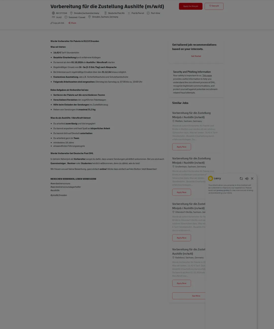 DHL Vorbereitung für die Zustellung Aushilfe (m/w/d) 채용공고