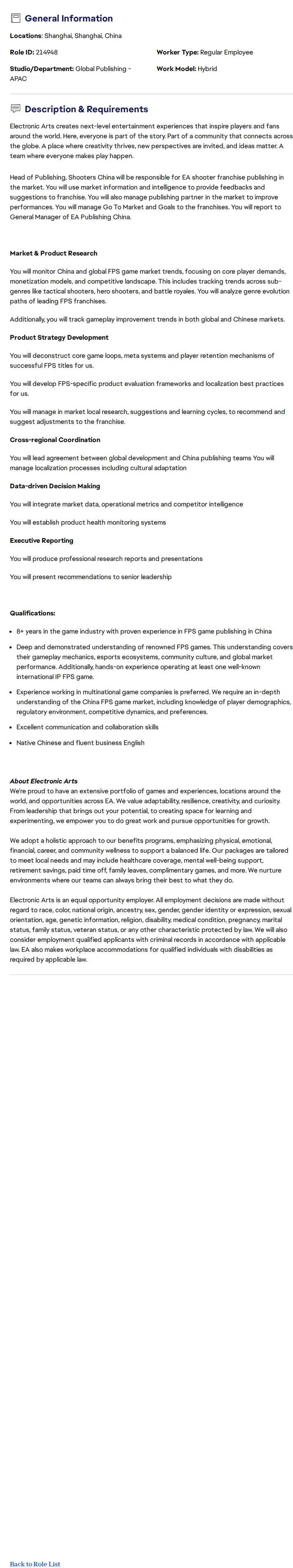 ElectronicArts Head of Publishing, Shooters China 채용공고