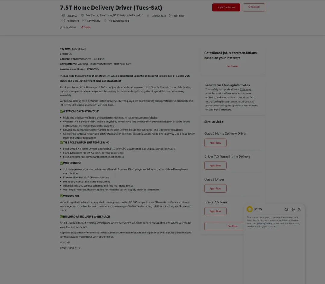 DHL 7.5T Home Delivery Driver (Tues-Sat) 채용공고