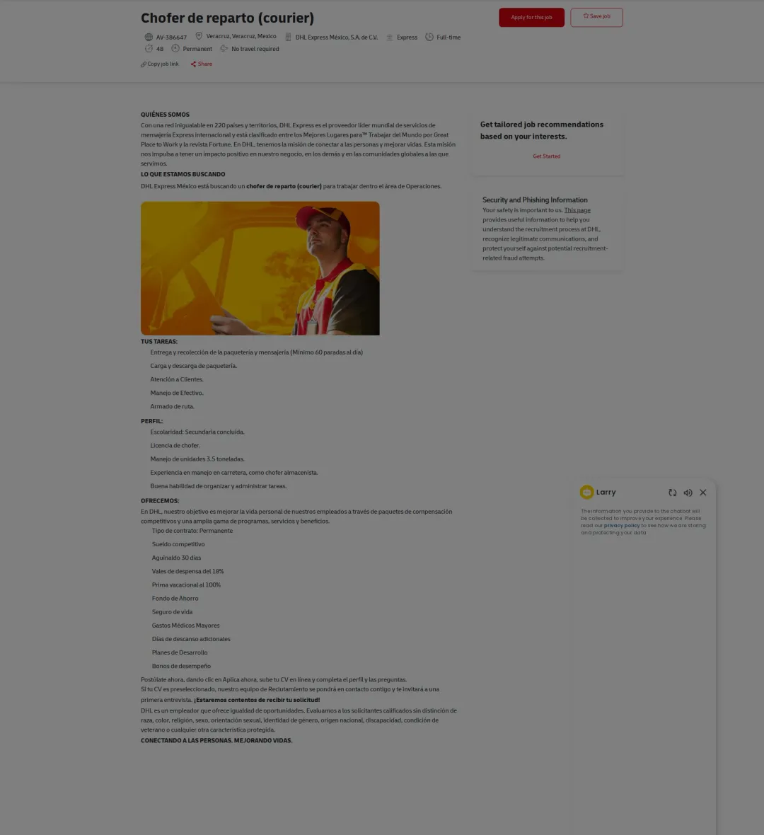 DHL Chofer de reparto (courier) 채용공고