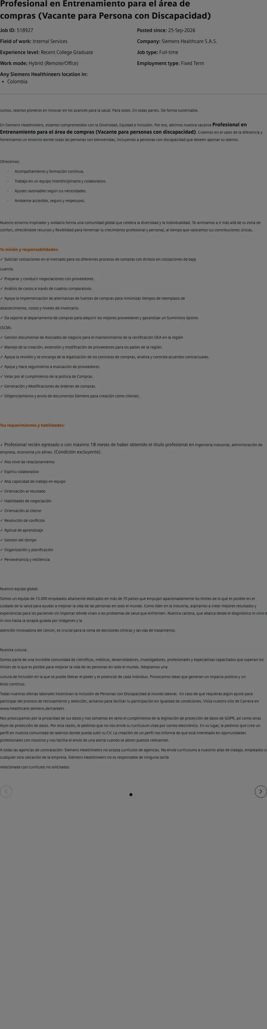 SiemensHealthineers Profesional en Entrenamiento para el área de compras (Vacante para Persona con Discapacidad) 채용공고