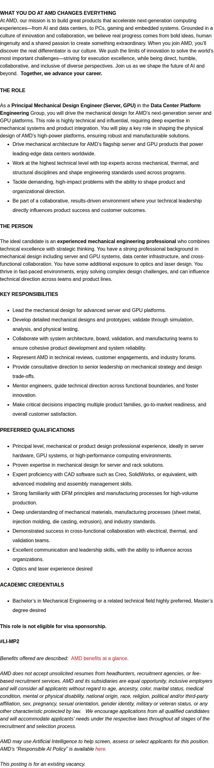 AMD Principal Mechanical Design Engineer (Server, GPU) 채용공고