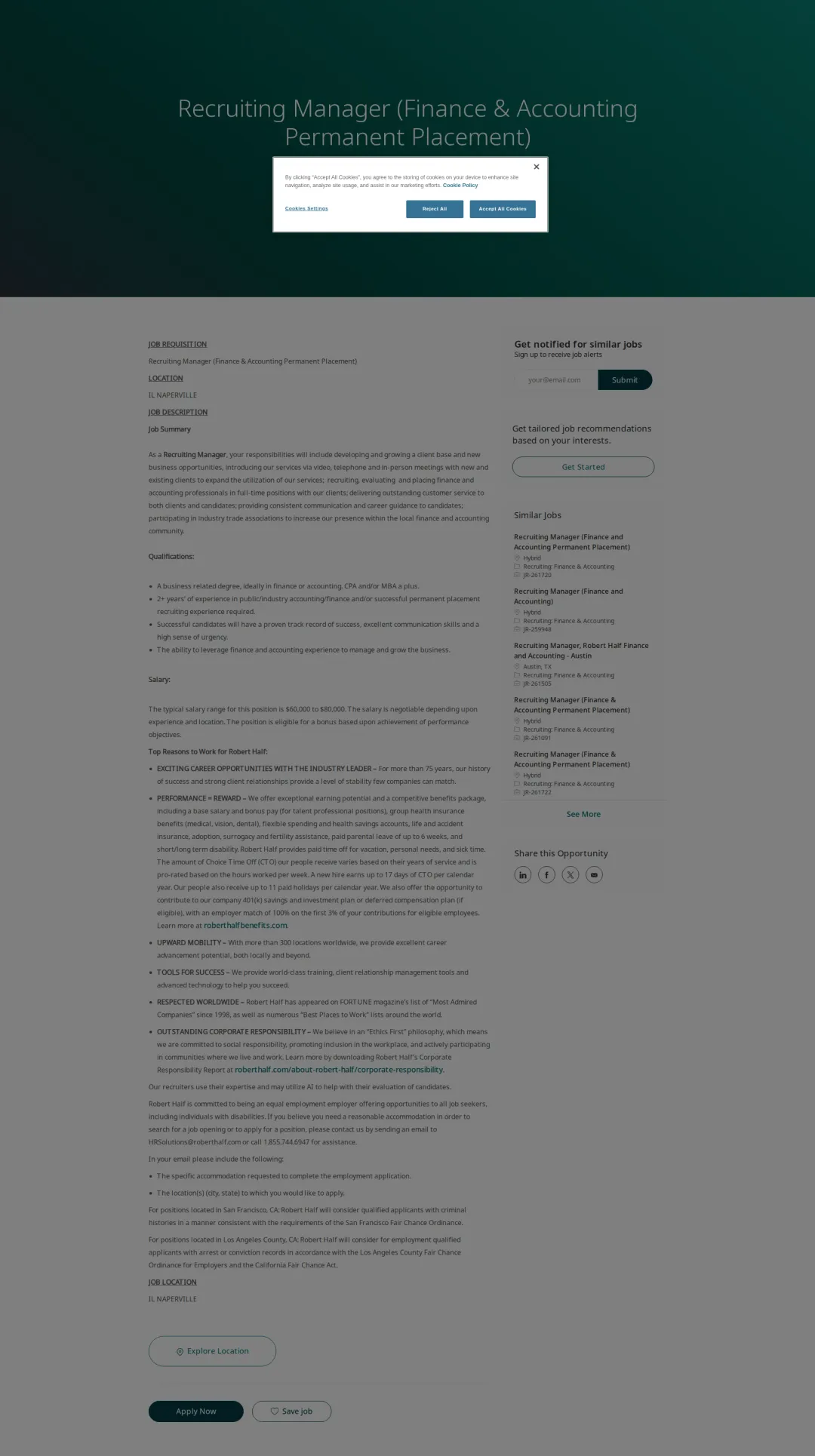Robert Half Recruiting Manager (Finance & Accounting Permanent Placement) 채용공고