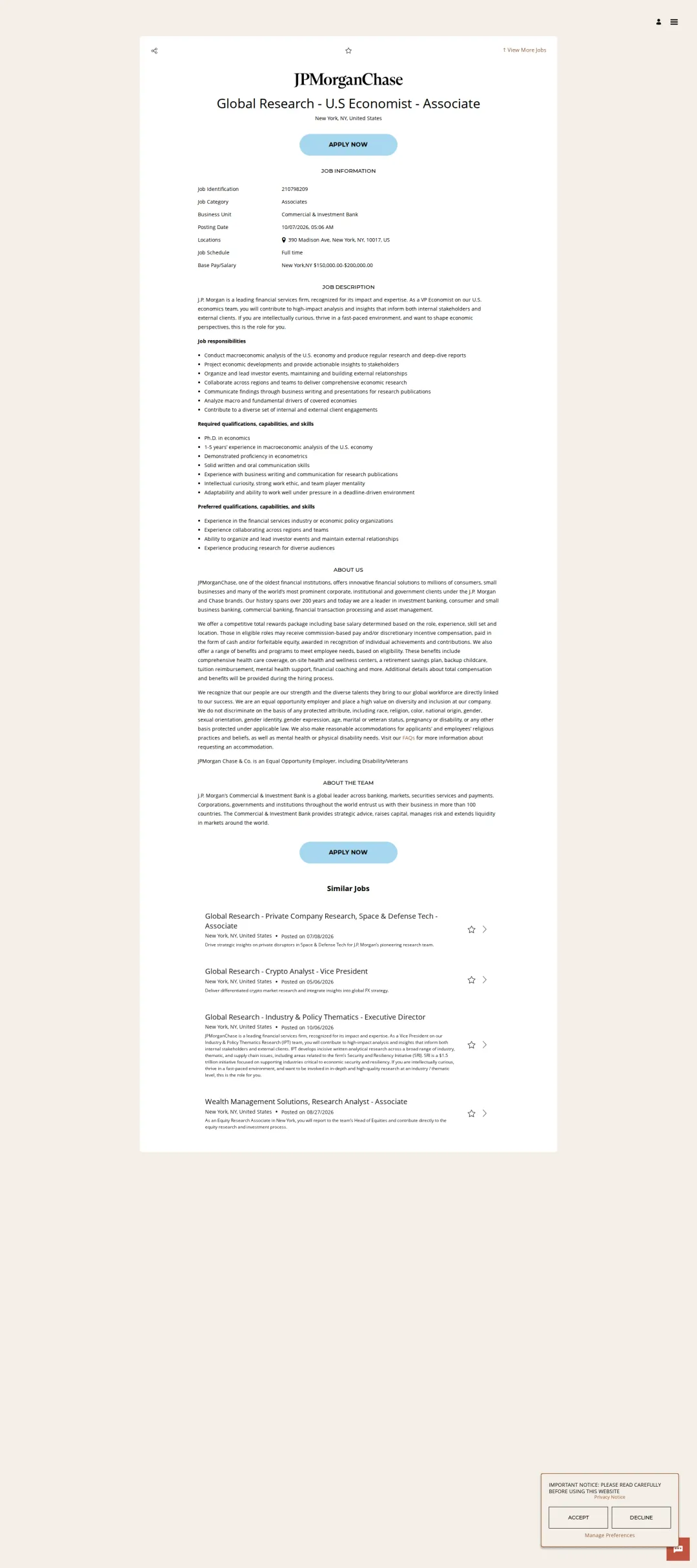 JPMorganChase Global Research - U.S Economist - Associate 채용공고